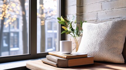 Steaming cup of coffee warming on books by autumn window