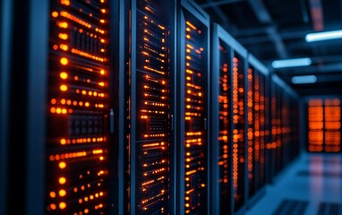 Obraz premium Illuminated server racks in a modern data center.