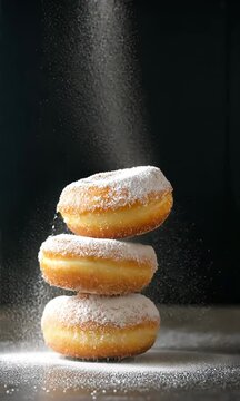 Three donuts stacked on top of each other with powdered sugar on top