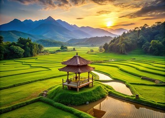 Mountain views framed by rice paddies, bamboo gazebo, and lush forest.