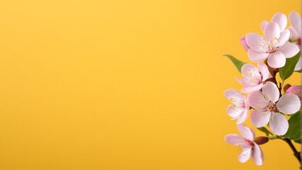 Fototapeta premium Pink cherry blossoms with yellow centers stand against a bright yellow background.