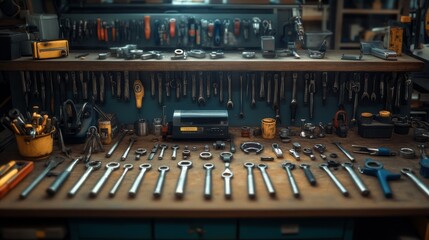 A well-organized workbench with various tools and supplies