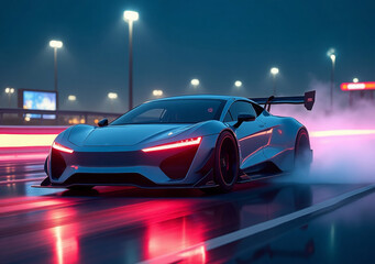 Naklejka premium High performance sports car racing on wet streets at twilight with dramatic lighting effects