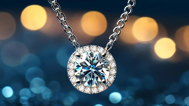 Stunning sparkly pendant necklace shines brightly against a blurred blue background during evening light