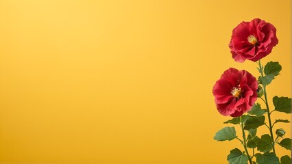 Naklejka premium Two red flowers with yellow centers stand against a yellow background, accompanied by green leaves.