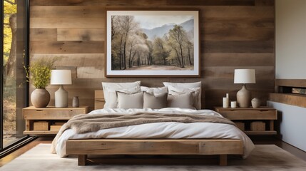Rustic farmhouse bedroom with a wooden barn headboard and matching bedside cabinet. A serene and inviting space for relaxation.