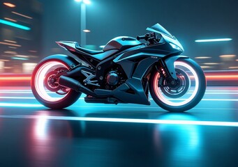 Sleek motorcycle racing down a neon-lit street at night with vibrant colors