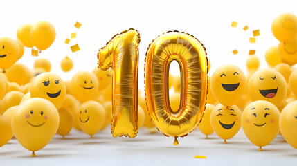 Golden Balloons Celebrate Ten Years with Happy Emojis