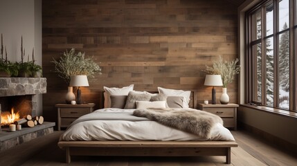 Farmhouse-inspired bedroom featuring a barn wood headboard and rustic bedside cabinet. Classic charm meets contemporary design.