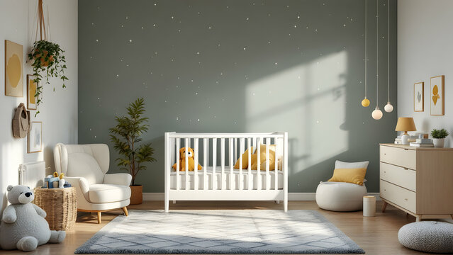A stylish nursery features a white crib, sage green walls with star decals, a comfy armchair, and soft grey rug. Neutral tones, hanging lights, and plants complete the calming space.