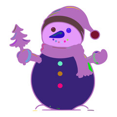 The snowman is wearing a purple hat and a purple scarf. He has a blue nose and black eyes. He is holding a snowflake in his hand. He also has a black scarf around his neck.