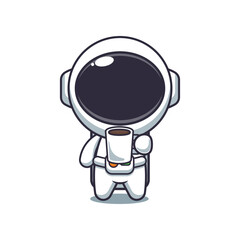 Cute astronaut is tired and sleepy holding coffee cartoon vector illustration
