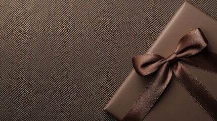 Sophisticated gift box showcases chocolate brown wrapping and satin ribbon on a textured gray backdrop, adding a touch of luxury