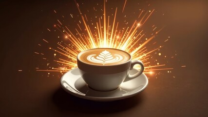 cup of coffee with latte art in the center surrounded by explosive light beam effect