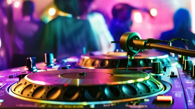 closeup of dj turntable in dance club with blurred neon lights and dancing people in the background