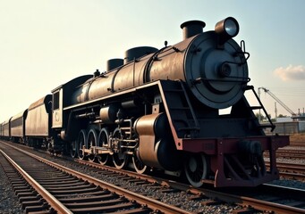 Obraz premium Vintage steam locomotive on railway tracks in a bustling train yard