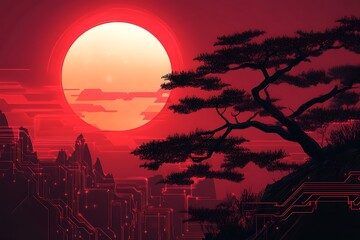 Red Sunset Digital Landscape With Bonsai Tree