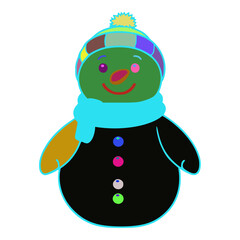 Snowman has a green face with pink eyes and a pink nose. He has a blue scarf around his neck. He is wearing a black dress with three buttons on it. The buttons are purple and green.