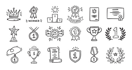 Awards doodle, trophy cups, first place medals and diploma set. Hand drawn champion trophy cup and gold medal. Drawing award decorative isolated icons. 