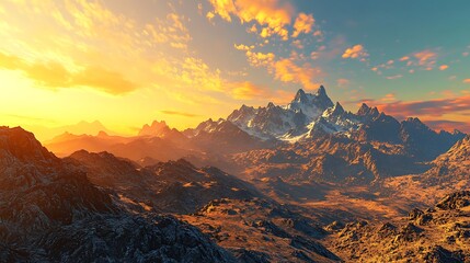 Fototapeta premium A panoramic shot of a tranquil mountain landscape as the sun sets, casting long shadows and warm colors across the peaks and foothills. 