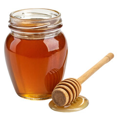 Golden-honey-jar-with-wooden-dipper-transparent-background
