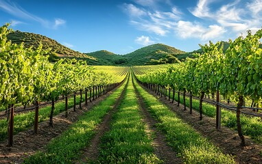 Obraz premium Lush vineyard rows stretch towards sunlit hills under a vibrant blue sky.