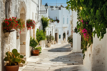 Naklejka premium Mediterranean village with white-washed buildings. Generative AI