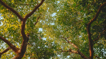 Obraz premium Sunlight Filters Through Lush Green Canopy of Trees, Creating a Serene Natural Scene
