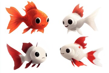 Fototapeta premium Four Different Cartoon Goldfish on White Background - Goldfish Varieties