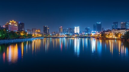 Obraz premium A panoramic view of a city's iconic skyline at night, with shimmering lights reflecting on a nearby river. 