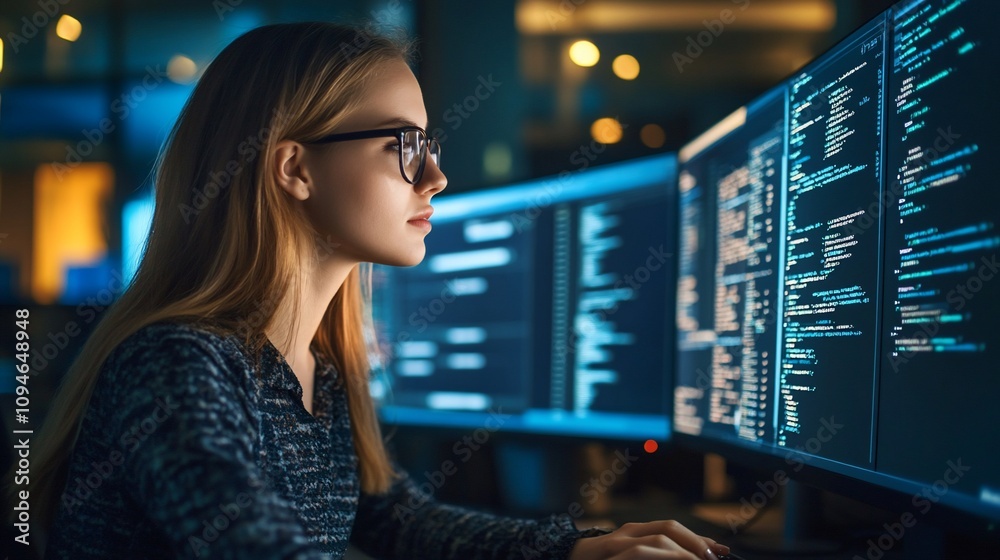 Poster Woman programmer working on a code in the office.