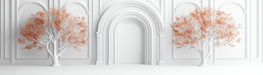 Obraz premium A serene, minimalist interior featuring two trees with autumn foliage against a light, textured wall and an archway.