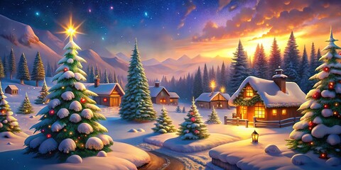 Silhouettes of festive trees, soft winter glow.