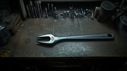 Fototapeta premium A Wrench on a Metal Workbench with Scattered Tools