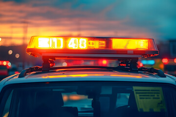 Close-up of flasher on roof of ambulance car of emergency medical service on road against fire engines. Themes rescue, accidents and disasters..