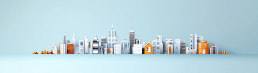 Obraz premium A stylized cityscape featuring a variety of modern and traditional buildings against a soft, light background.