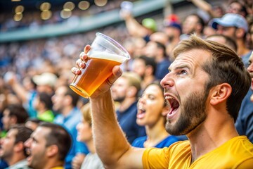 Man cheering with beer amongst sports fans in exciting atmosphere