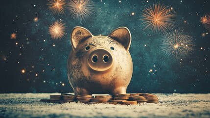 Rustic Piggy Bank with Coins and Fireworks in the Night Sky