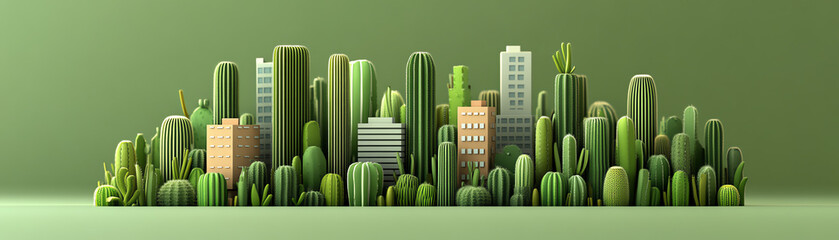 A vibrant cityscape made of greenery, showcasing a blend of buildings and vegetation against a soft green background.