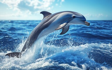 Fototapeta premium A dolphin leaps from the ocean, creating a spray of water.