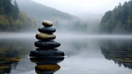 Serene Stack of Stones on Calm Lake, Misty Mountain Background, Peaceful Nature Scene