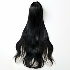 Fototapeta premium Straight black hair wig on a white background, creating a stark contrast and highlighting the wig's length and texture