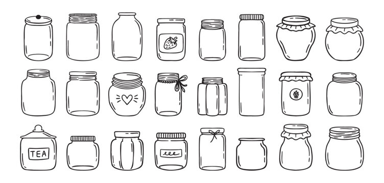 Jars hand drawn doodle isolated on white background. Jar empty, template outline drawing elements collection.
