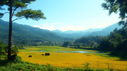 Obraz premium A scenic landscape featuring a vibrant yellow field, gentle hills, and a clear blue sky, with elephants grazing peacefully in the foreground