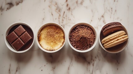 A Variety of Delicious Desserts Displayed in Bowls on a Marble Surface, Featuring Chocolate, Cream, Cocoa Powder, and Macarons for Culinary Inspiration
