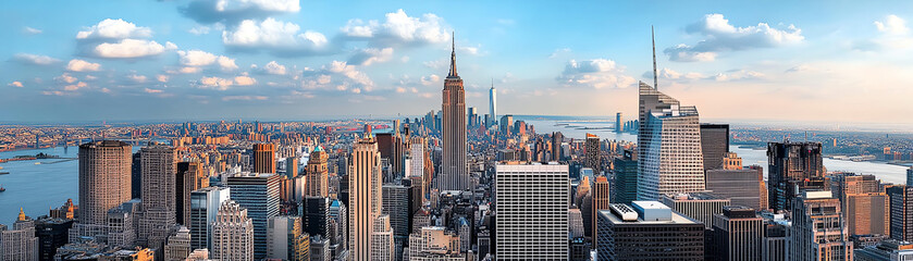 A panoramic view of a bustling city skyline under a clear sky, showcasing iconic skyscrapers and urban architecture.