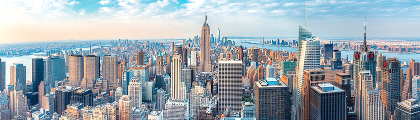 Obraz premium A panoramic view of a vibrant city skyline featuring prominent skyscrapers under a bright sky.