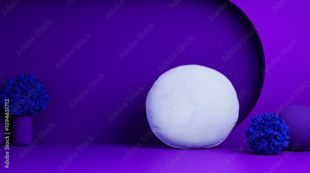 Poster a minimalist setup featuring a white spherical object against a vibrant purple background with contr
