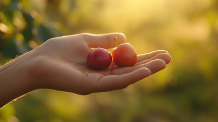 Hand holding two ripe cherries at sunset.