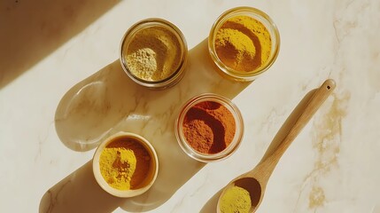 top-down shot of a minimalist kitchen counter with a selection of colorful spice powders in bowls and jars, placed alongside a wooden spoon, ready for use in meal preparation.